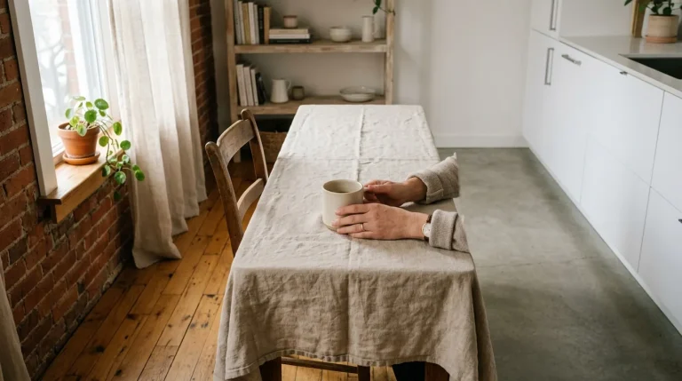 Personne tenant une tasse de café à la table de cuisine