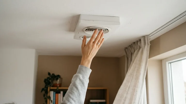 Femme nettoyant un ventilateur de plafond blanc
