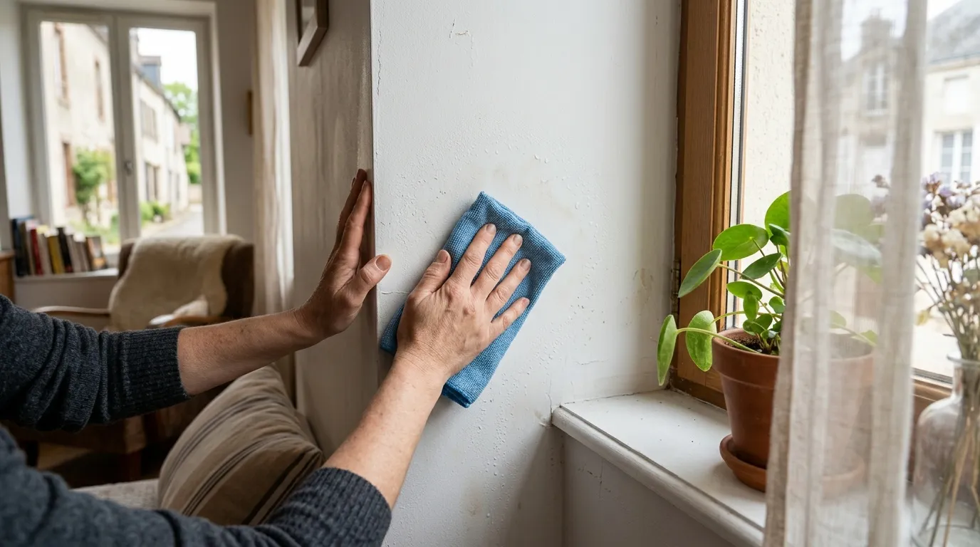 Personne nettoie mur blanc avec chiffon bleu près fenêtre