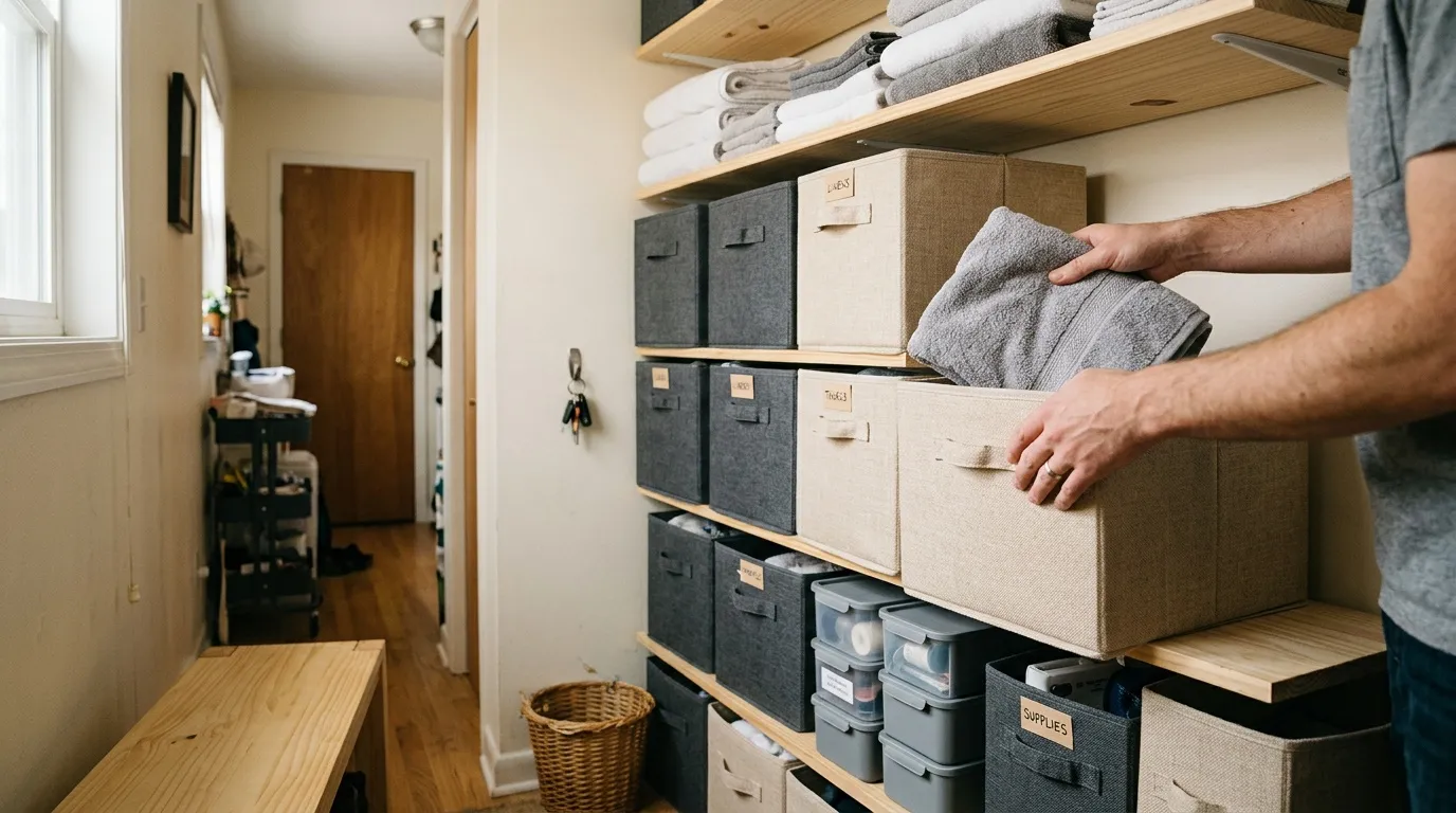Personne organisant des serviettes dans des boîtes de rangement