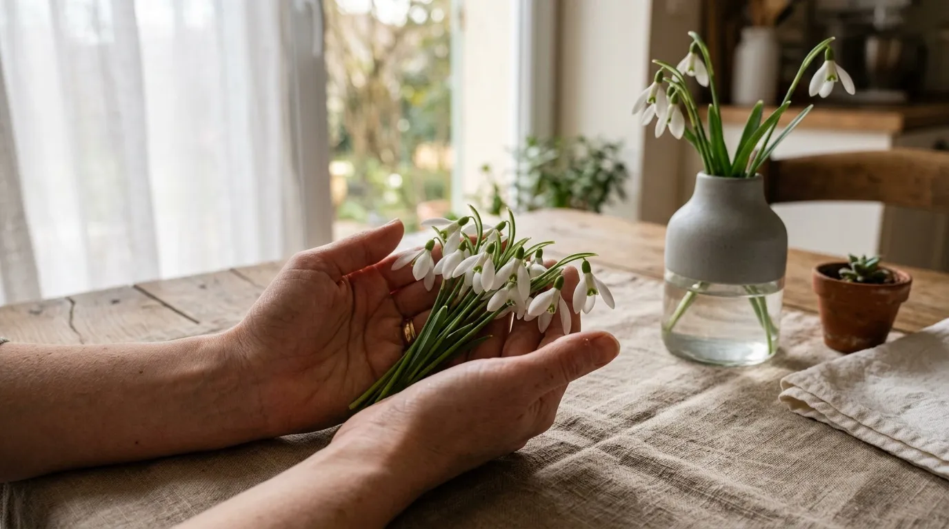 Main tenant des perce-neige blanches près d'un vase gris