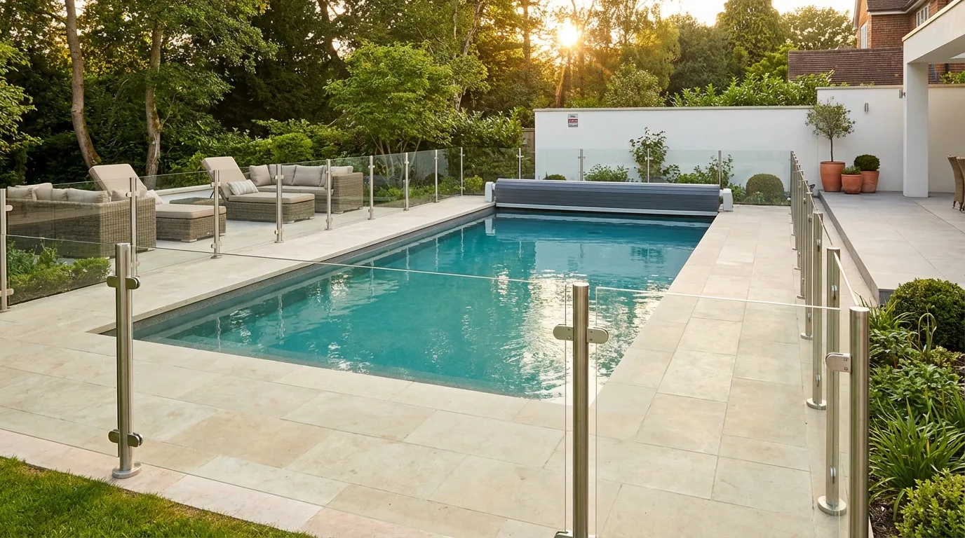 Piscine luxueuse entourée de terrasse dallée et mobilier