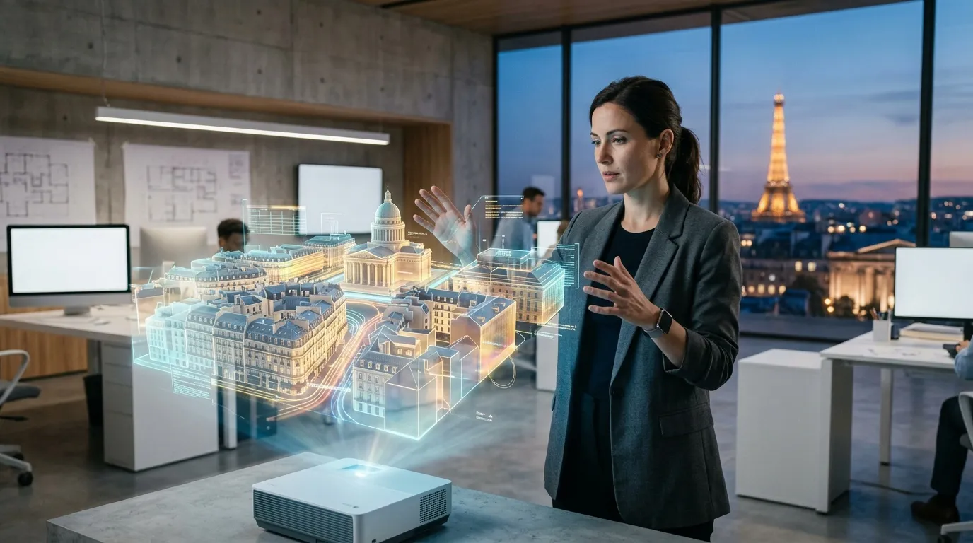 Femme présentant hologramme 3D de ville devant Eiffel