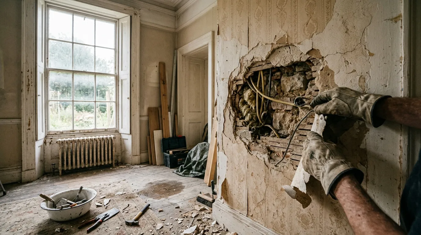 Ouvrier enlève le plâtre mur ancien appartement délabré