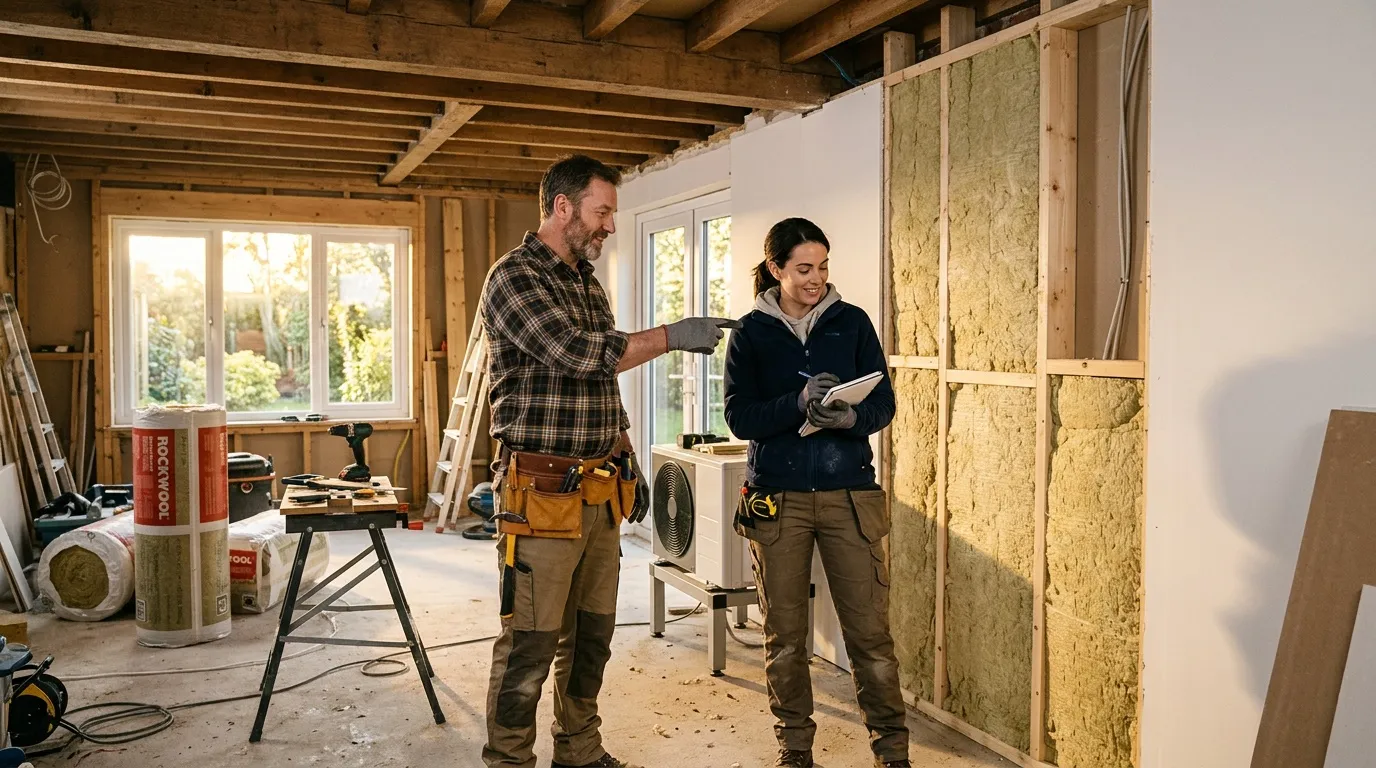 Deux ouvriers discutent dans un chantier de rénovation intérieure