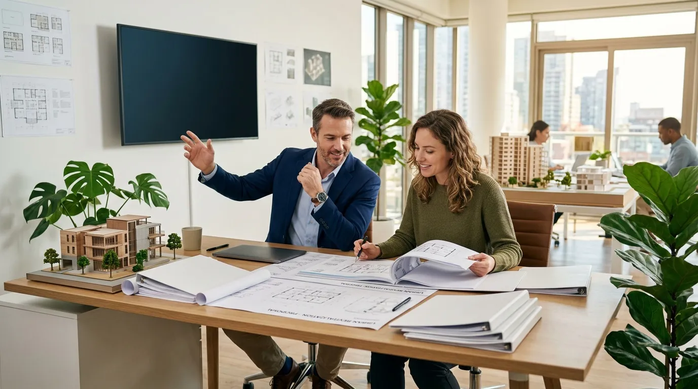 Deux architectes discutent de plans de bâtiments en bureau moderne