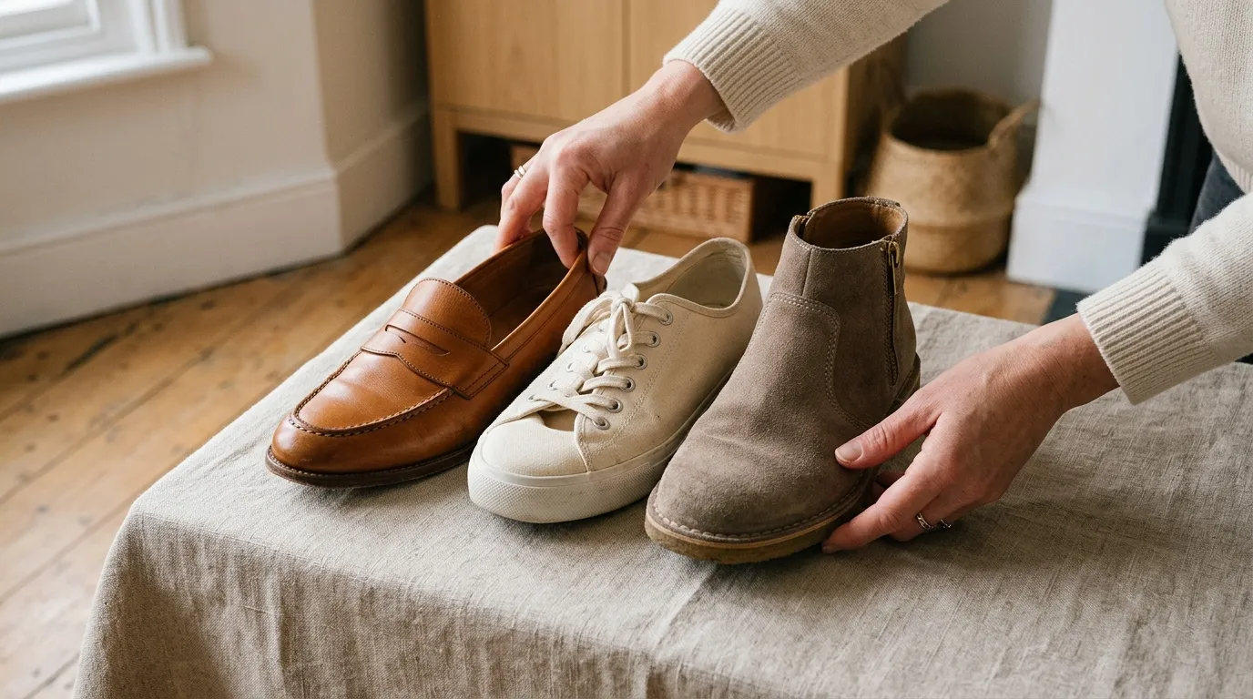 Trois chaussures présentées sur tissu beige par une personne