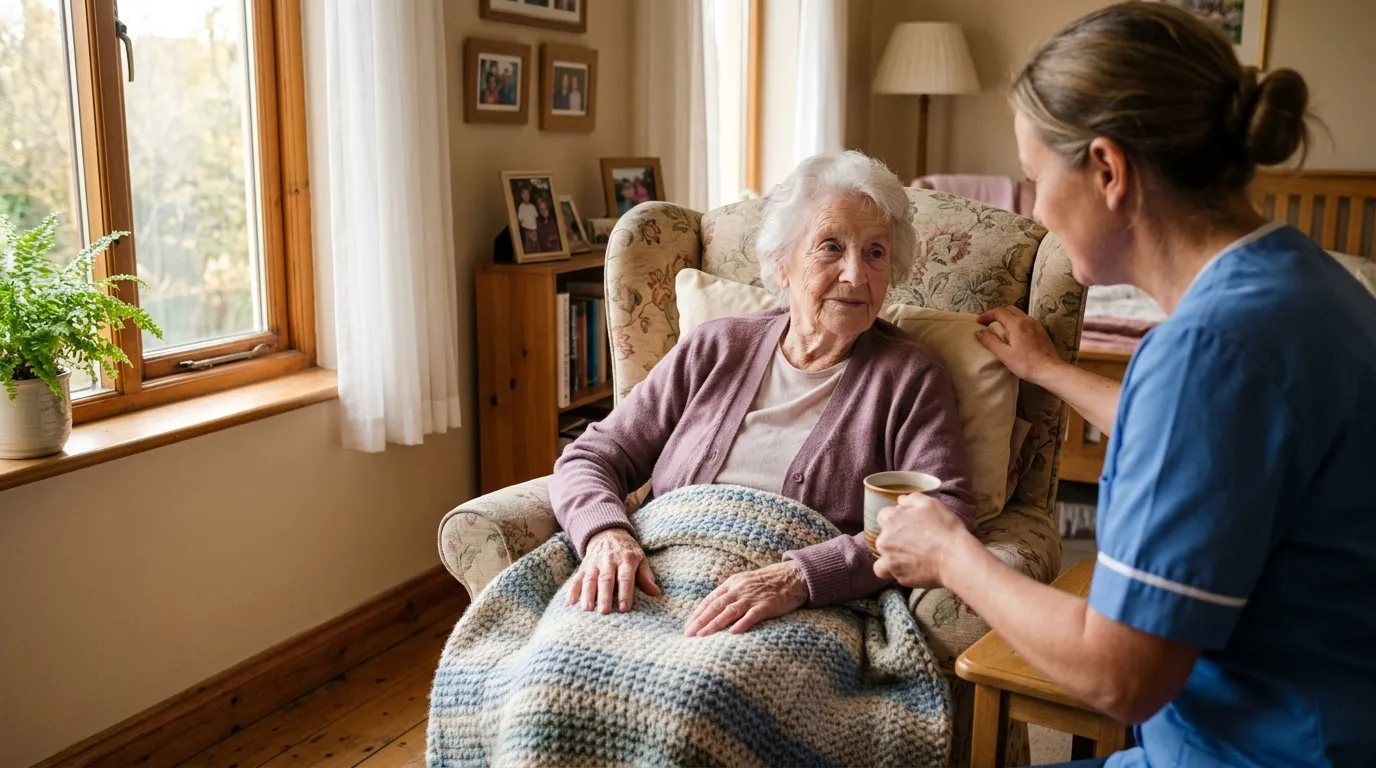 Infirmi&egrave;re en bleu discute avec femme &acirc;g&eacute;e assise dans fauteuil
