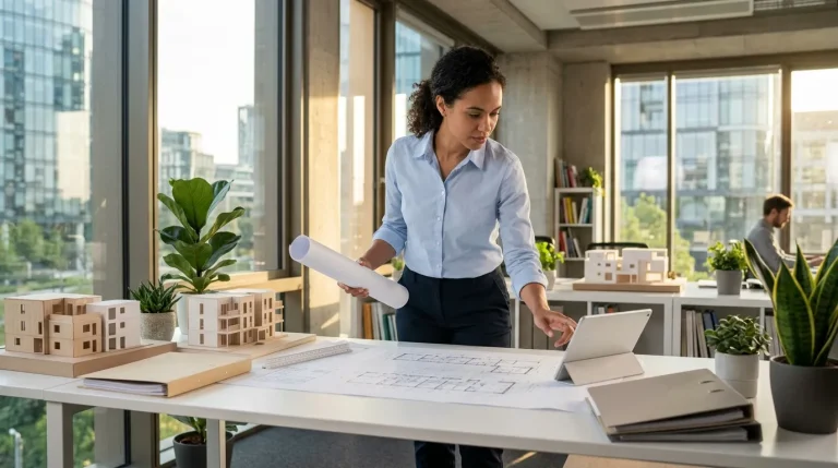 Femme architecte étudiant des plans sur son bureau