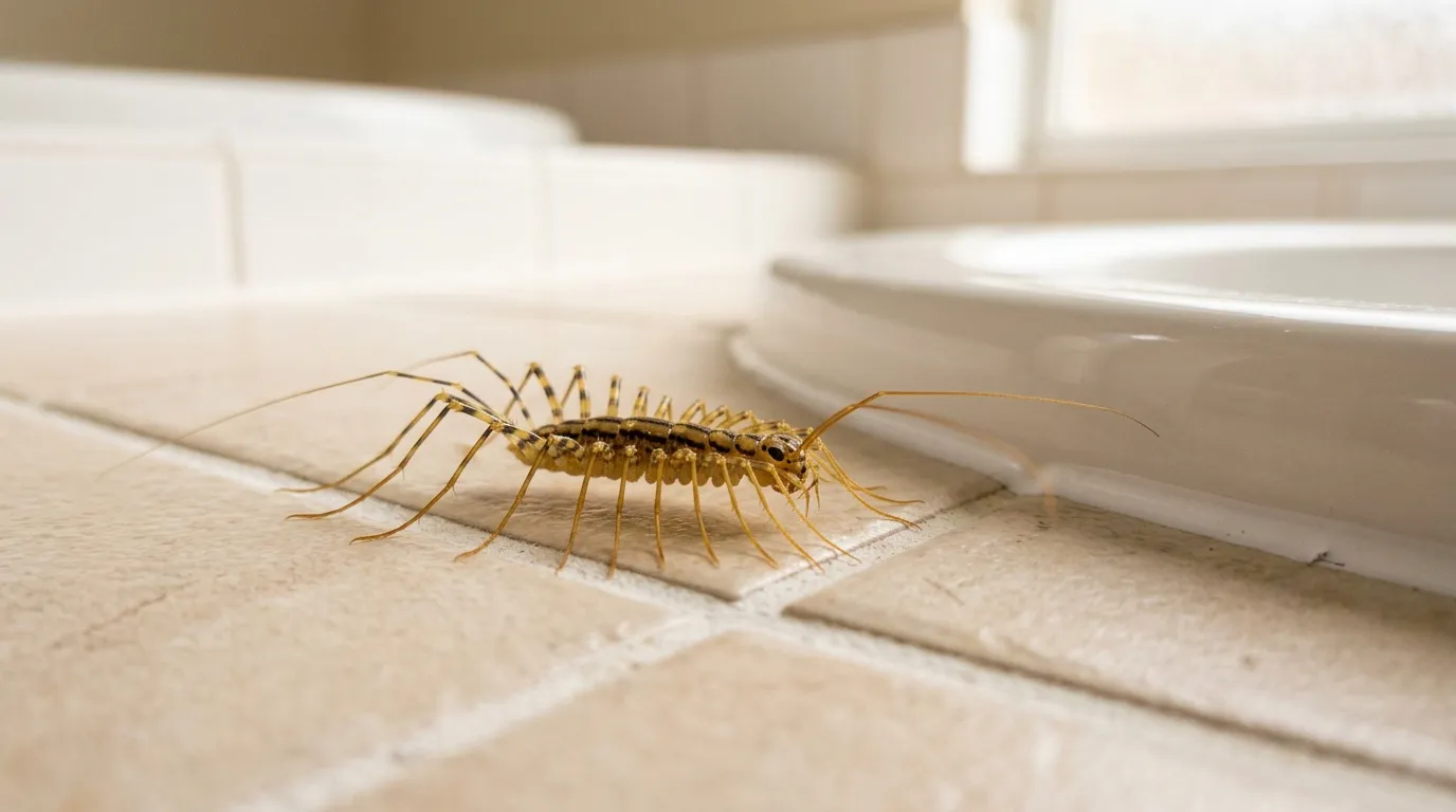 Un centipède long aux pattes nombreuses sur un carrelage de cuisine