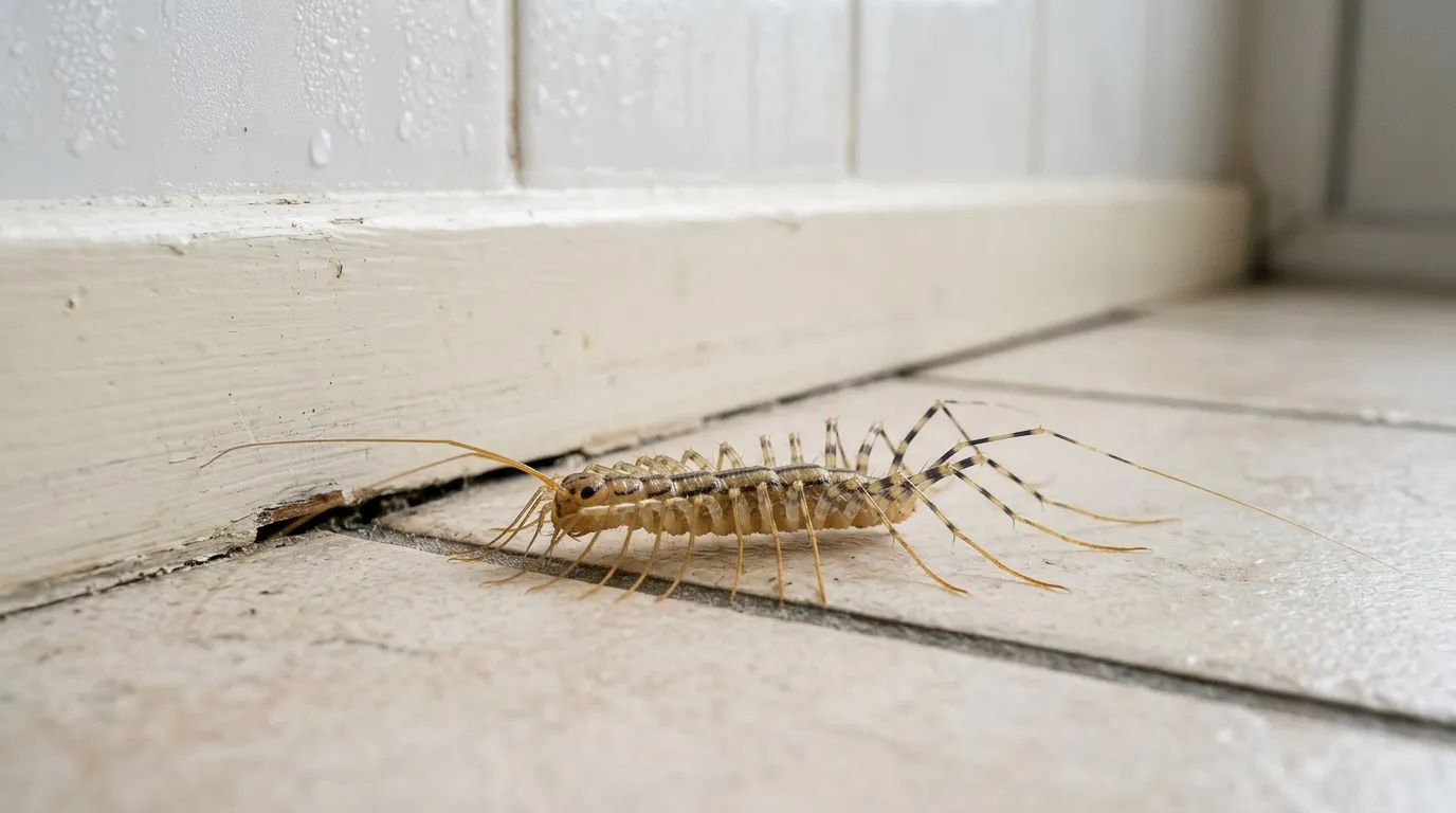 Centipède brun clair sur carrelage blanc intérieur