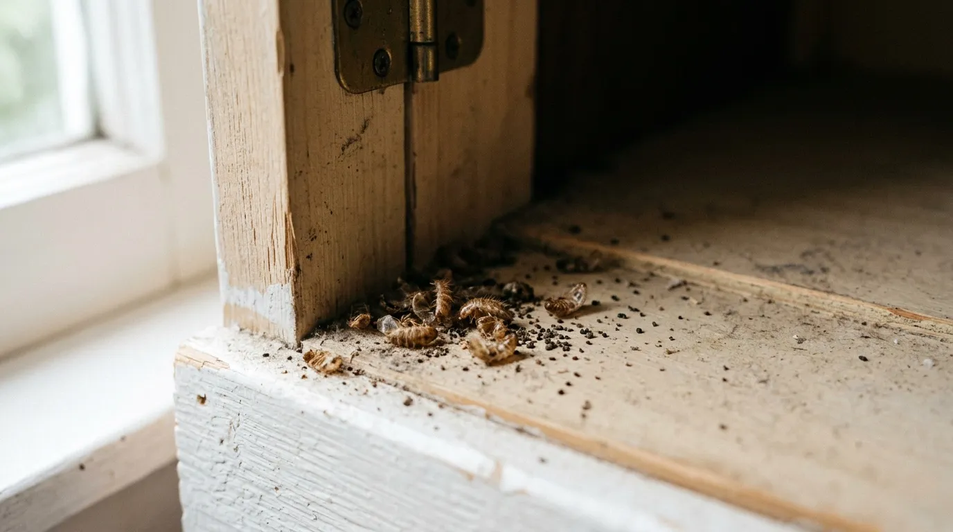 Sciure et débris de bois indiquant une infestation de termites