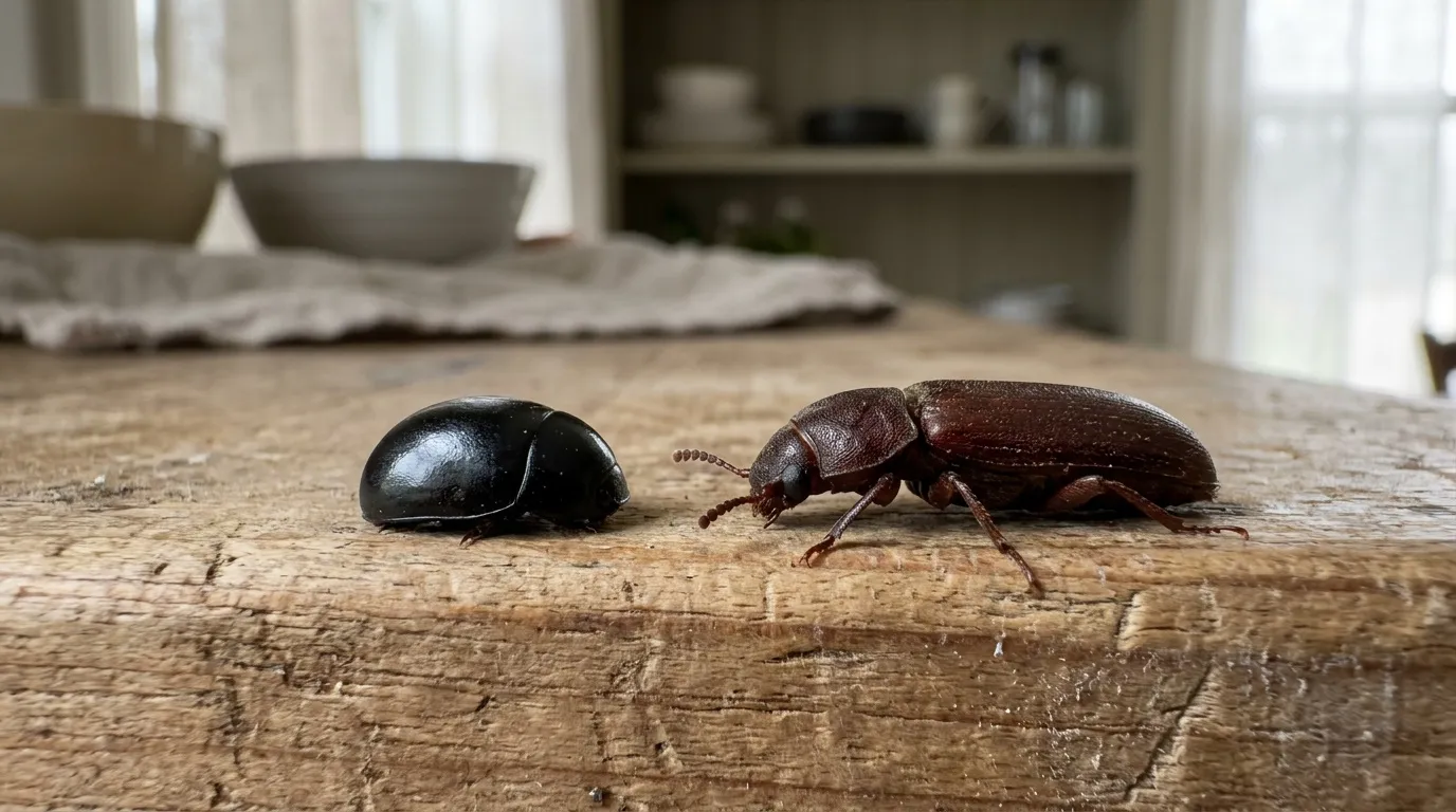 Deux insectes noirs sur une surface en bois clair