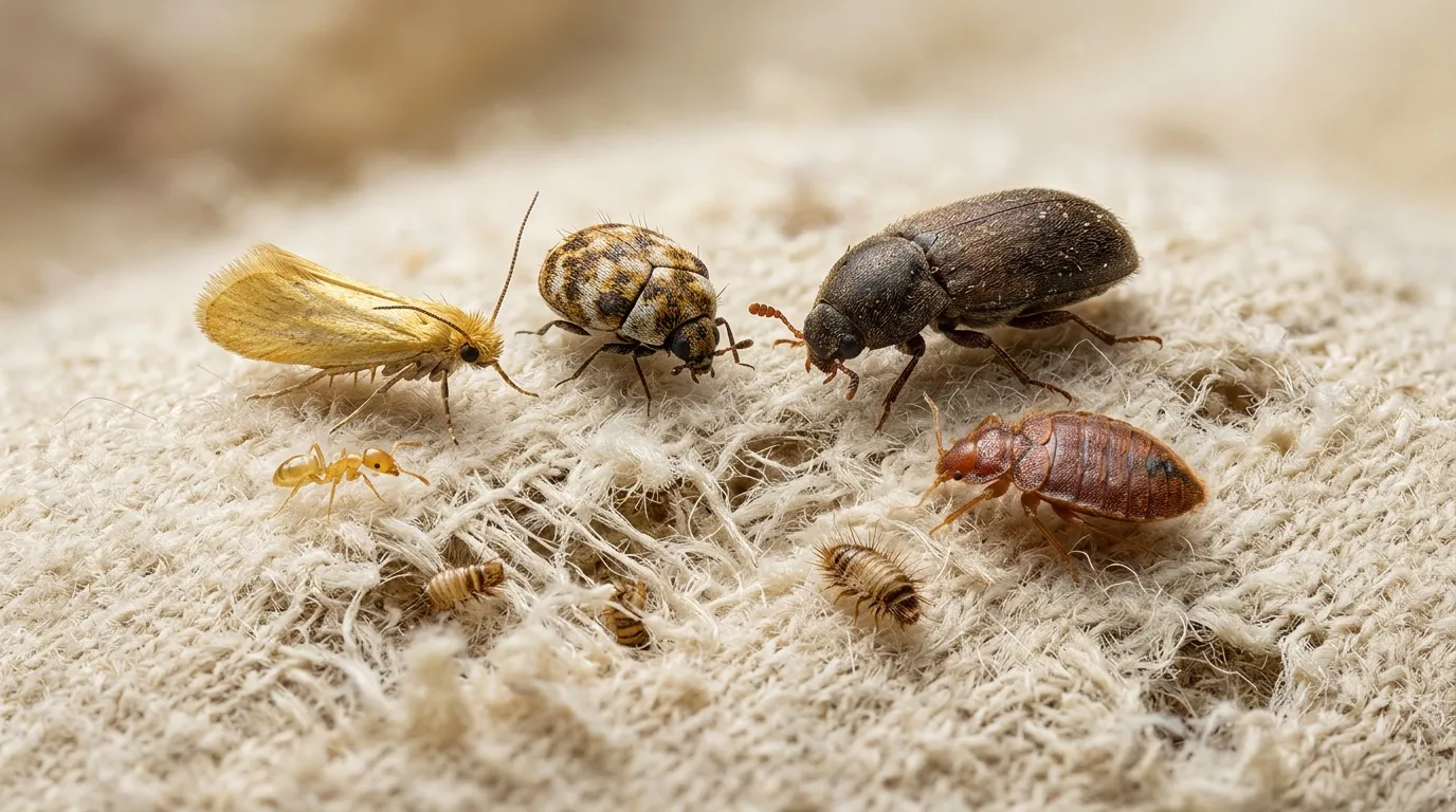 Diff&eacute;rents insectes sur tissu beige incluant fourmis, cafards et mites