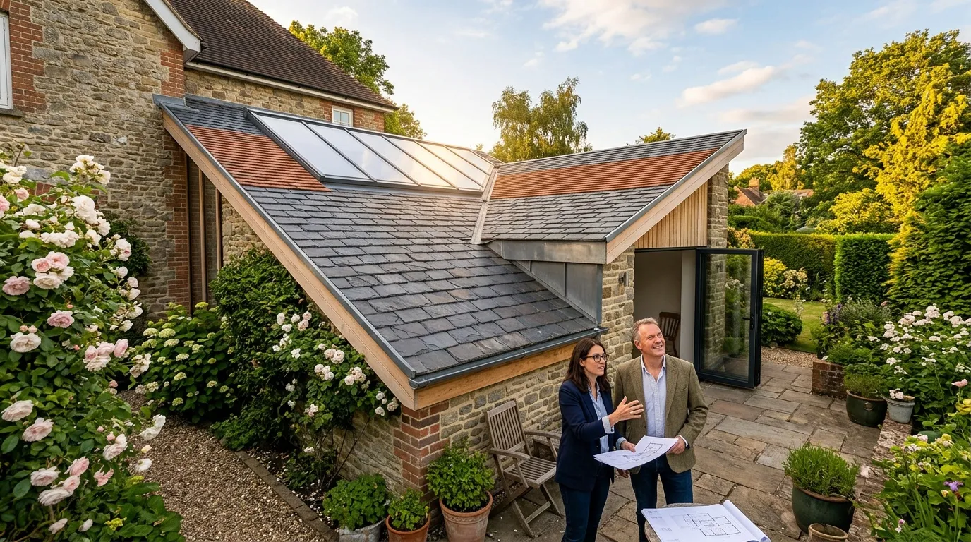 Couple examine plans devant extension maison pierre avec toit solaire