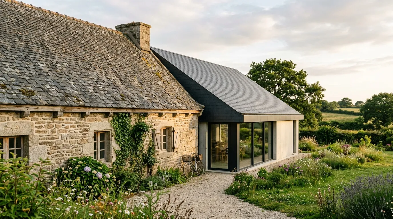 Maison pierre avec extension contemporaine noire et vitrée