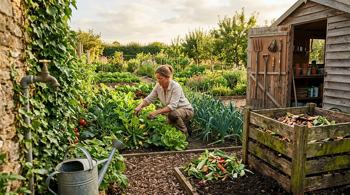 Femme récolte légumes dans jardin potager avec abri bois