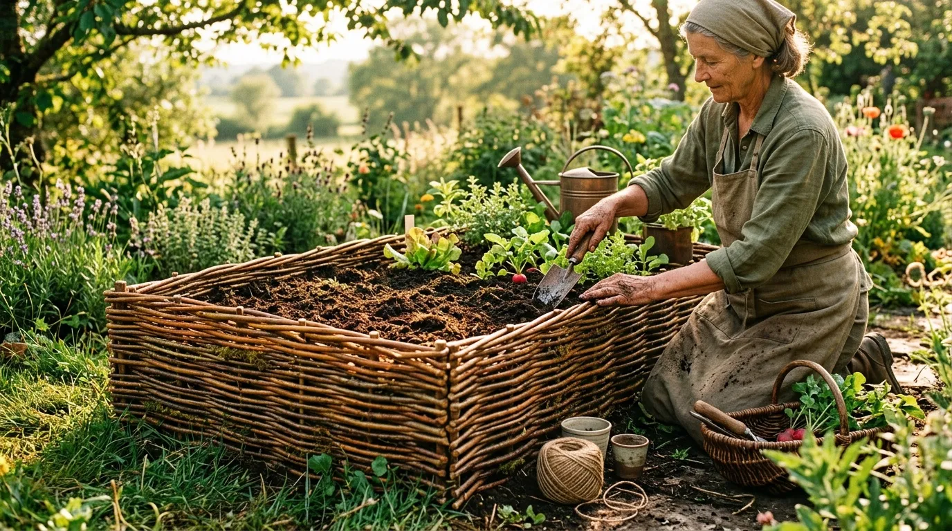Une femme cultive des légumes dans un jardin surélevé.
