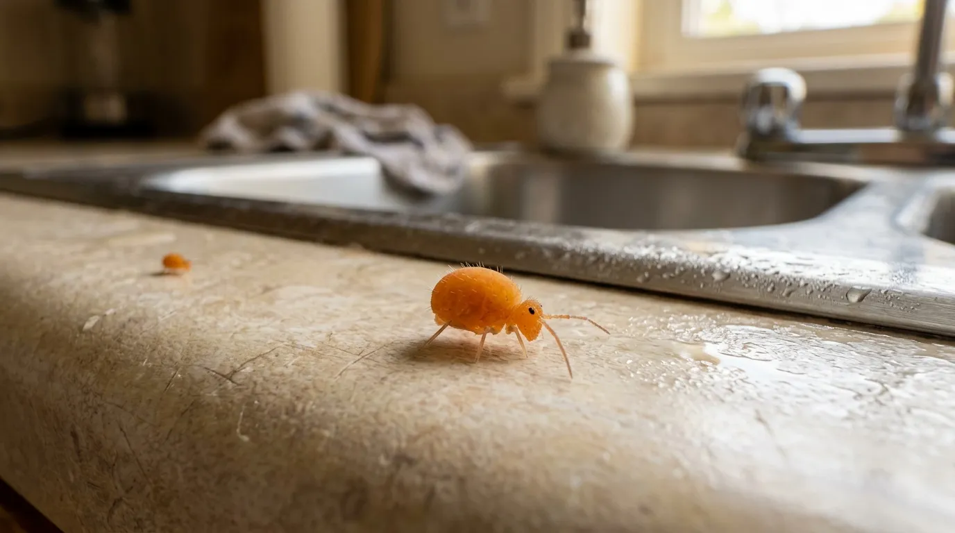 Fourmi orange marchant sur un plan de travail de cuisine