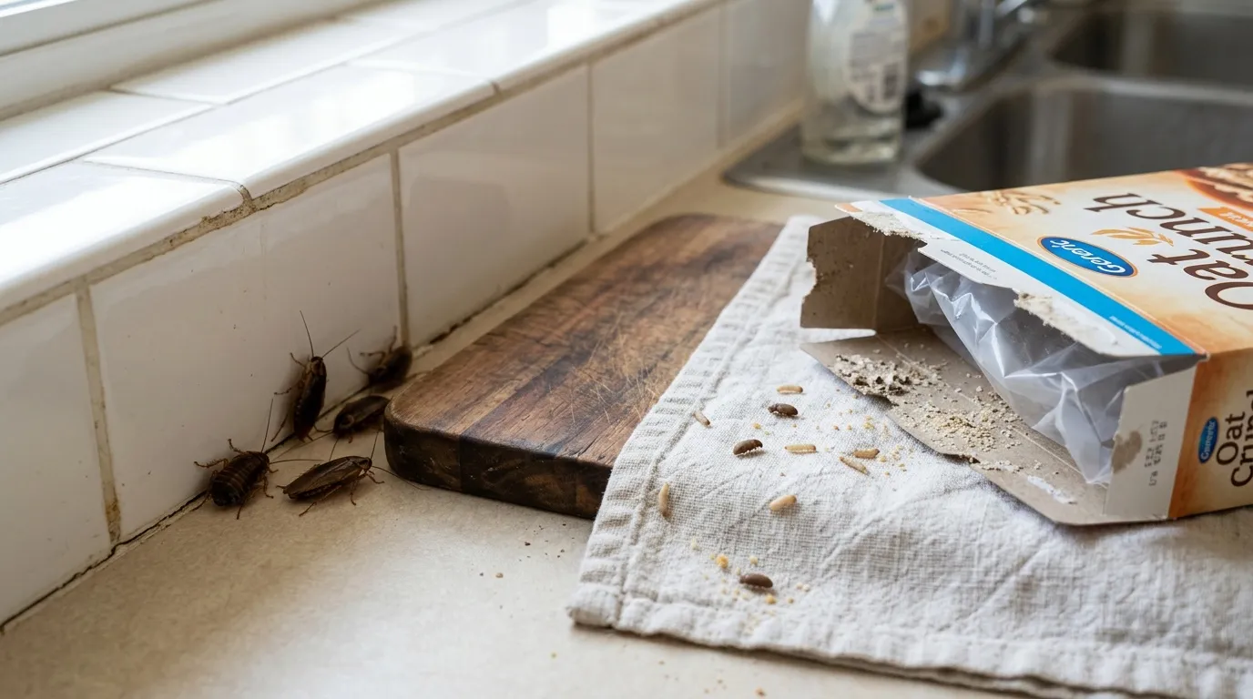 Plusieurs cafards pr&egrave;s d'une bo&icirc;te de c&eacute;r&eacute;ales renvers&eacute;e