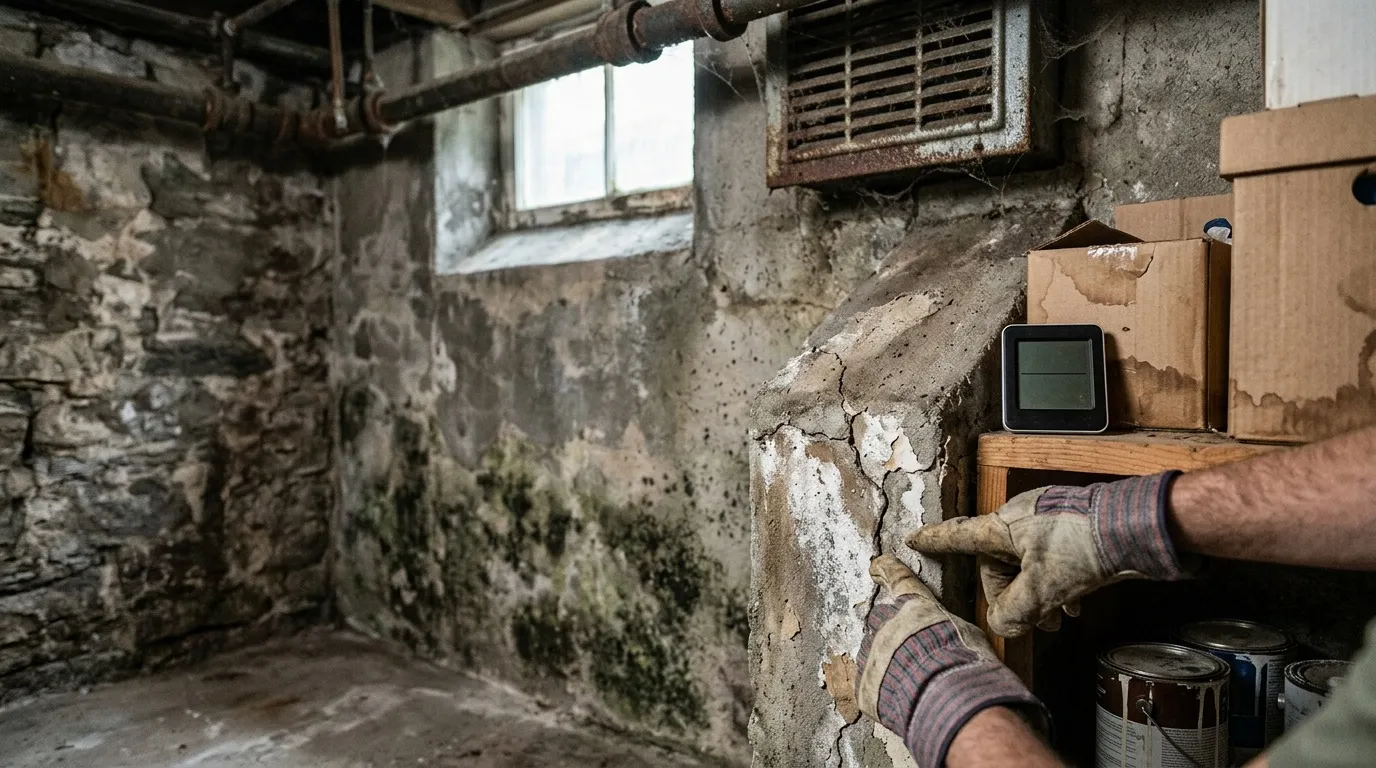Ouvrier mesure l'humidit&eacute; des murs d&eacute;grad&eacute;s avec hygrom&egrave;tre