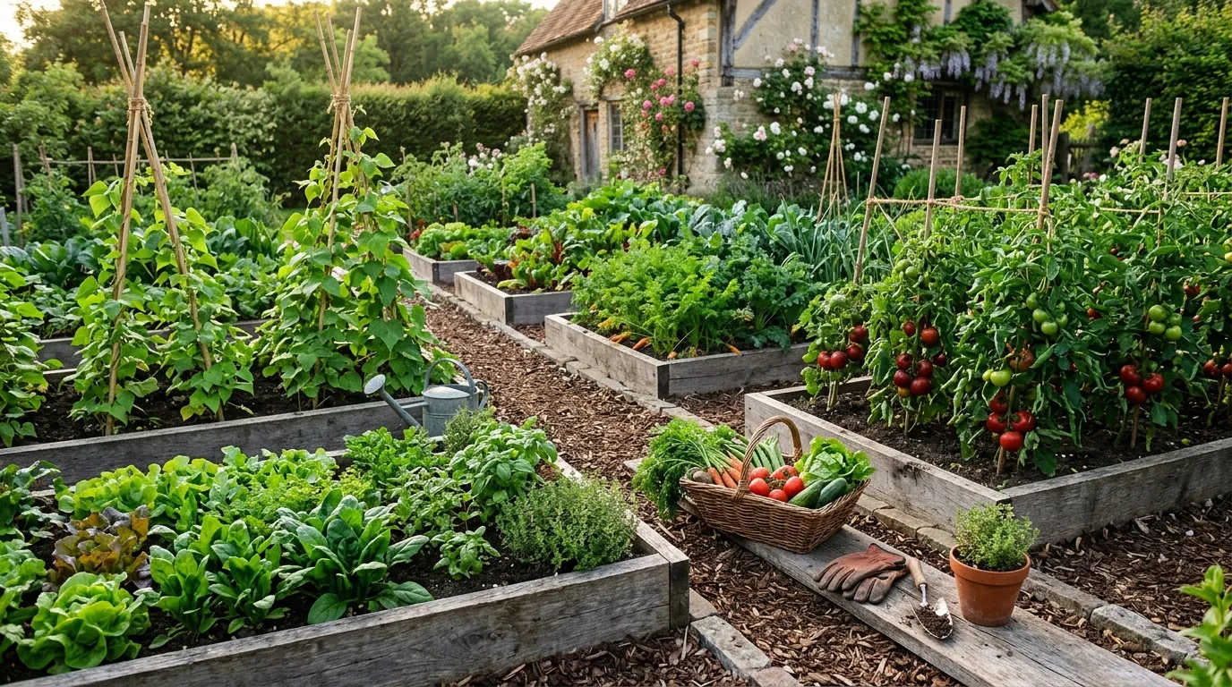 Potager avec bacs en bois, légumes et maison pierre en arrière-plan