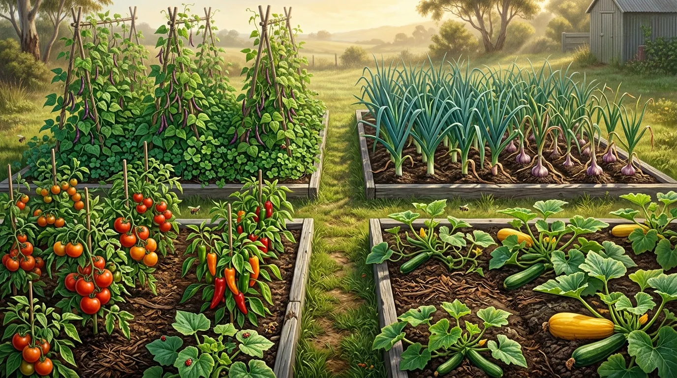 Potager avec tomates, courges, poireaux et légumes divers.