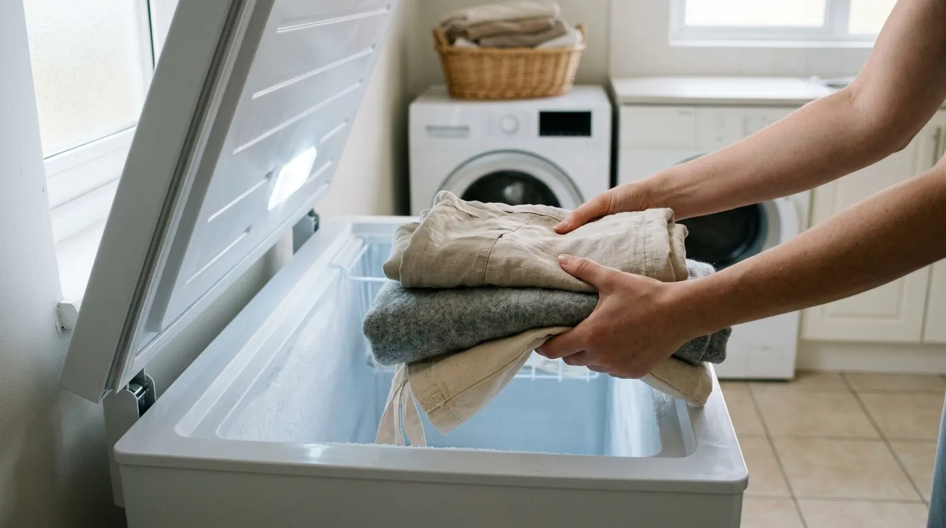 Personne tenant des vêtements pliés au-dessus d'un panier à linge