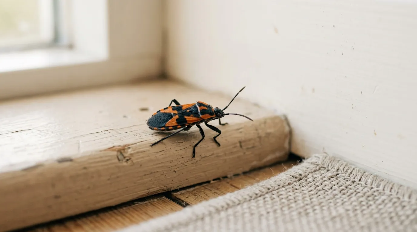 Insecte noir et orange sur seuil bois près fenêtre