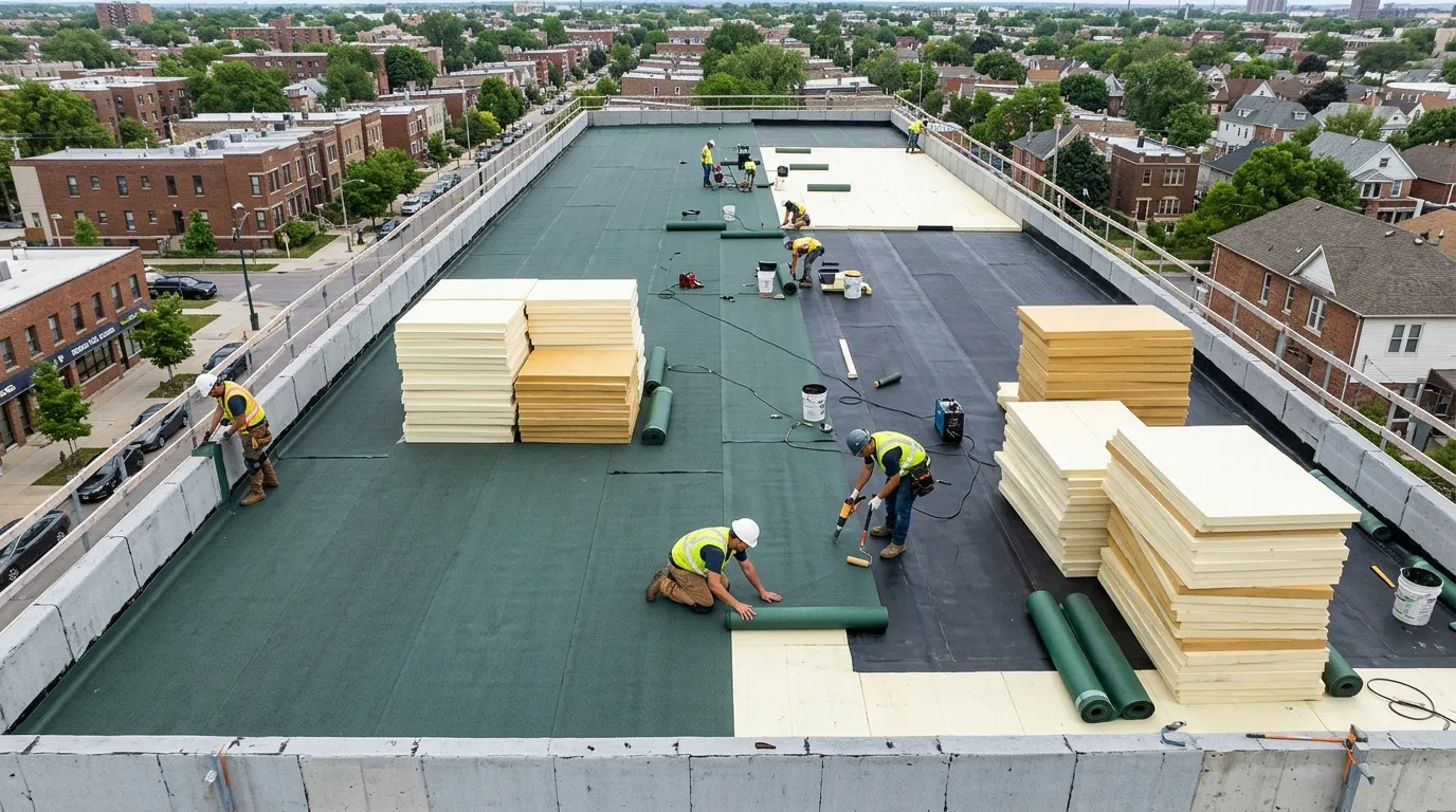 Ouvriers installant membrane d'étanchéité sur toiture plate