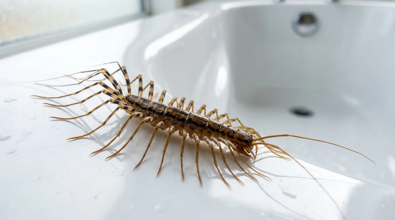 Centipède brun sur lavabo blanc de salle bain