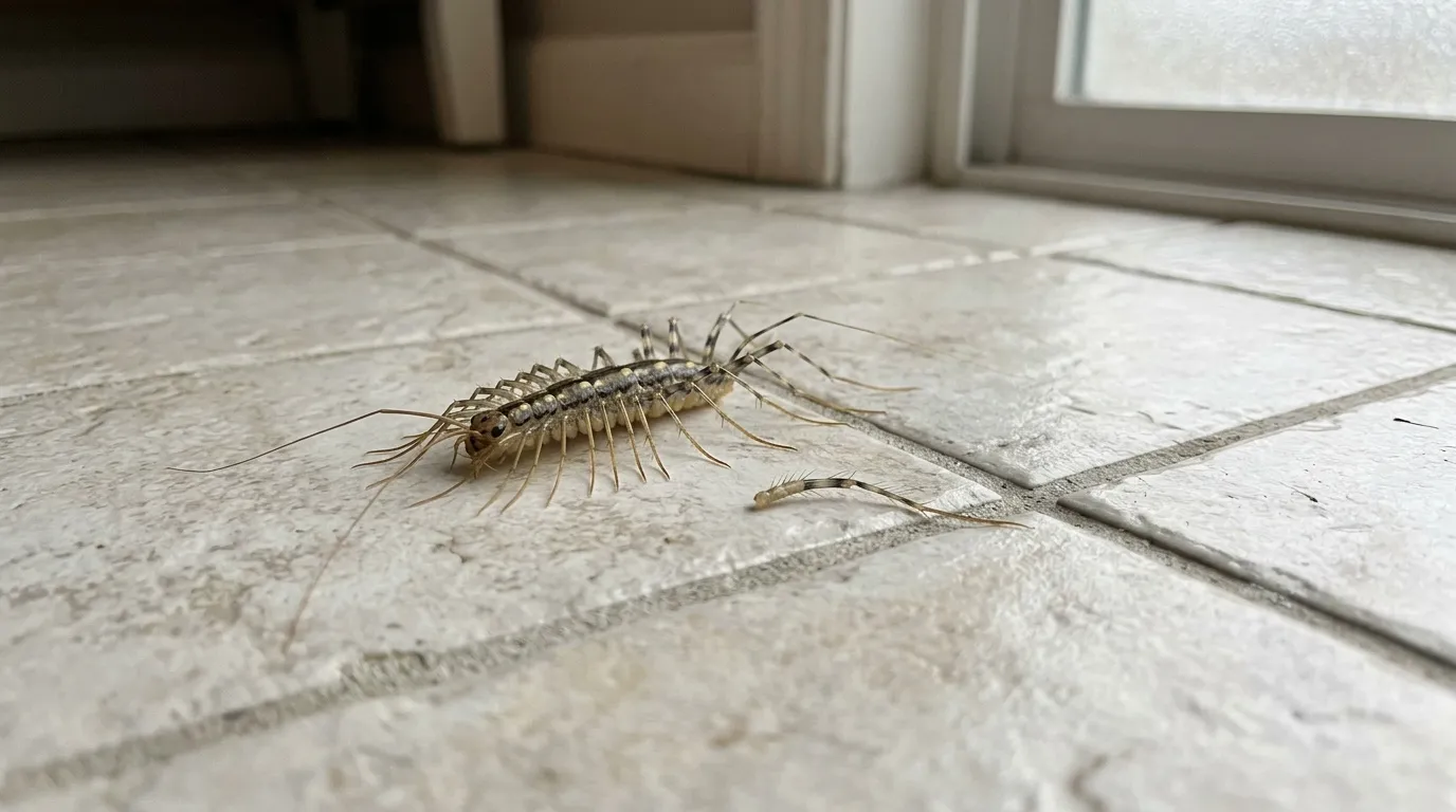 Insecte arthropode avec longues pattes sur sol carrelé