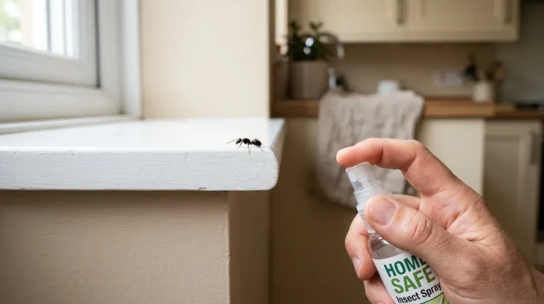 Main pulvérisant un spray insecticide vers une fourmi sur rebord blanc