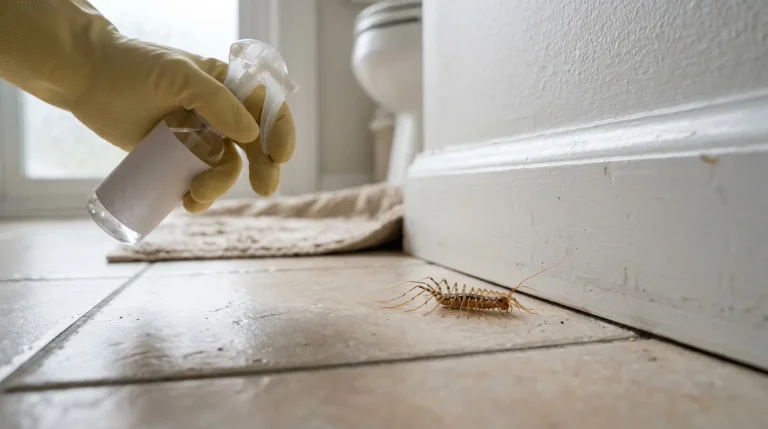 Main gantée pulvérisant un insecticide sur un cafard au sol
