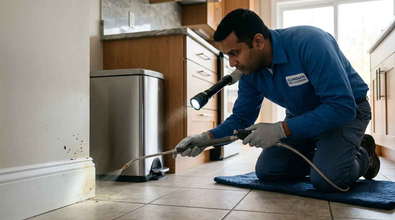 Technicien applique insecticide sous armoire cuisine