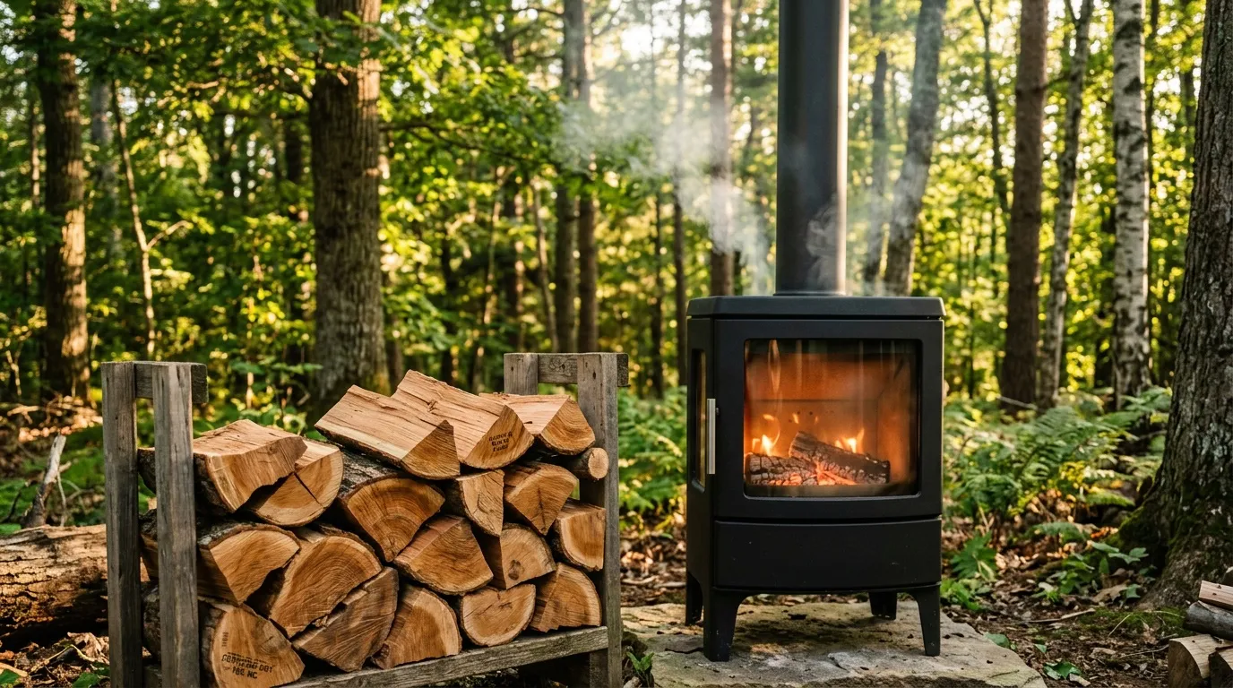 Poêle noir actif avec bois de chauffage cordé en forêt