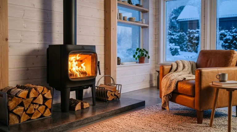 Salon hivernal avec poêle à bois allumé et vue enneigée