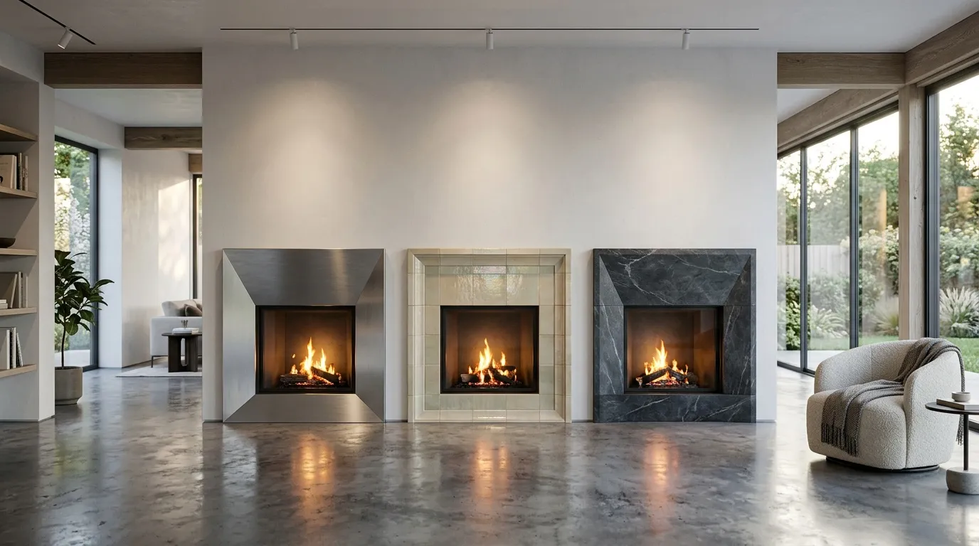 Trois cheminées contemporaines avec feu allumé, sol béton poli, décoration épurée